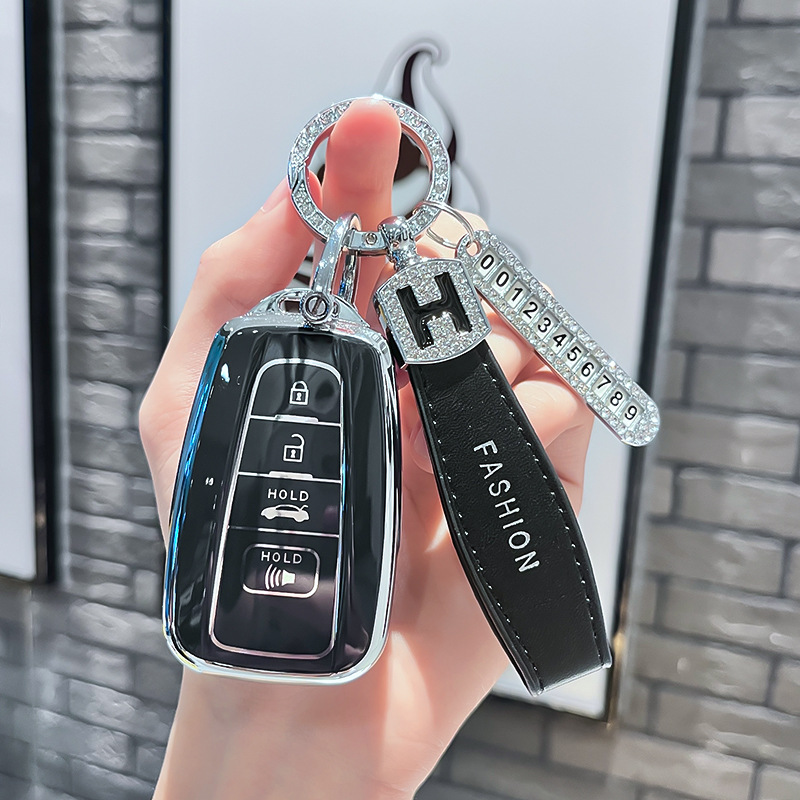 토요타 P 모델 - 스마트 4버튼 스피커 [싱글 쉘 블랙] + 블랙 H 가죽 로프 다이아몬드 버클 + 실버 번호판