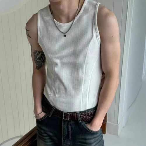 2025 New Ribbed I-Beam T-Shirt Fitness Sleeveless T-Back Top Men Elastic Casual Sports Sweatshirt Backless Top T for Summer