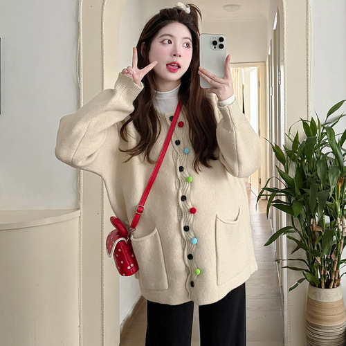 Internet-famous fashion autumn/winter loose and thick candy-colored sweater coat + bottoming shirt + pants trendy mom/pregnant women’s three-piece set