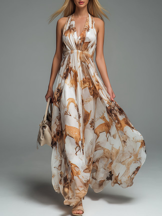 New Women's Printed Casual Neck Sleeveless V-Neck Dress Women_ecoleips.com