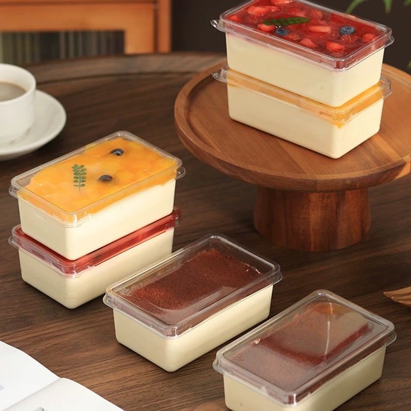 Caja de embalaje de tiramisu, pastel de mousse, postre, leche de soja, caja de embalaje transparente desechable, horneado doméstico