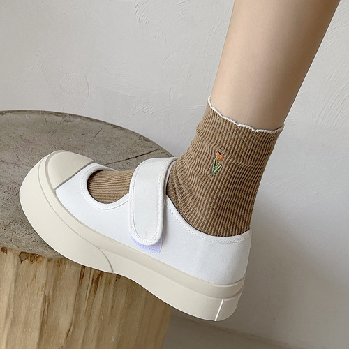 Socks for women lace embroidered pure cotton women's middle socks spring and summer thin breathable girls' college style stockings