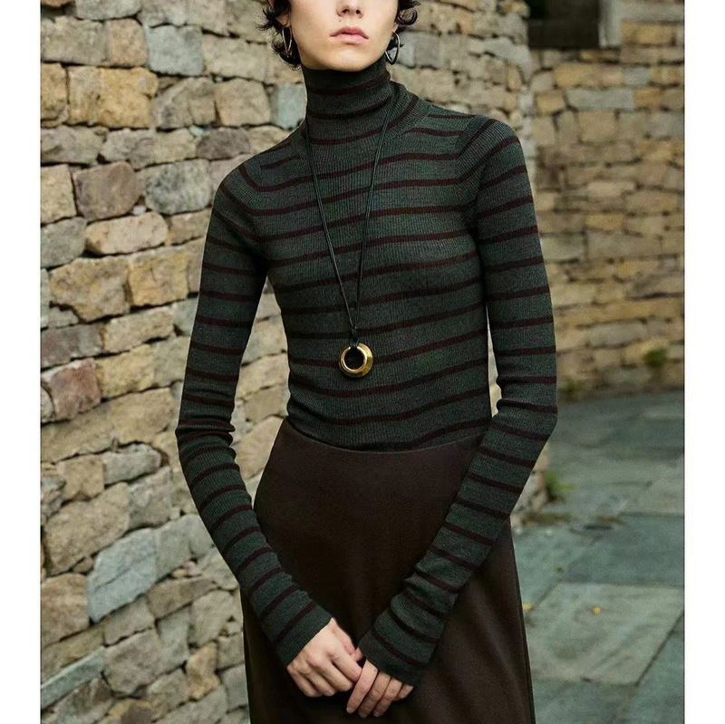 German 120S Washable Wool Fashionable Contrast Stripesd Turtleneck Knitted Bottoming Shirt