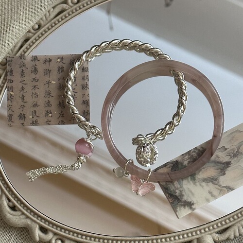 New Chinese style tassel glass bracelet silver twist jingle bracelet copper alloy glass bracelet set Chinese style bestie gift