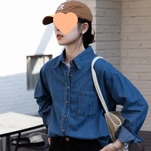 2025春季新款牛仔衬衣女韩版中长款外套复古长袖叠穿衬衫外套上衣