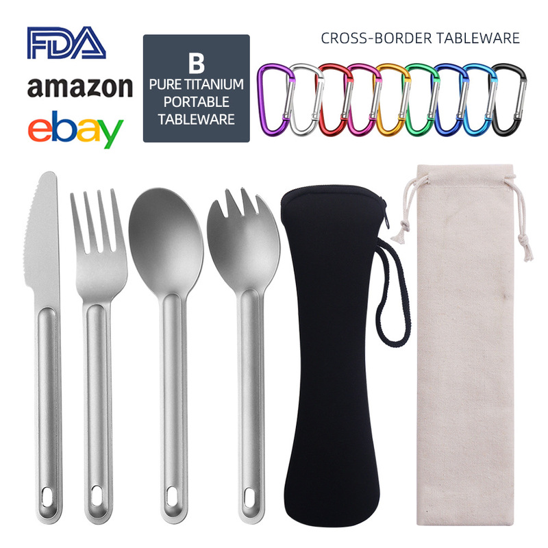 Pure Titanium Portable Cutlery Set for Outdoor Camping and Picnics, Ultra-Light Antibacterial Knife, Fork, Spoon, Salad Spoon, Storage Bag, Tableware