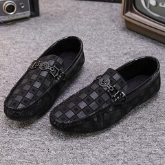 2023 Autumn New Bean Bean Shoes Men Lazy Shoes Slip On Grid Men's Shoes Trendy Shoes Leather Shoes Casual Single Shoes