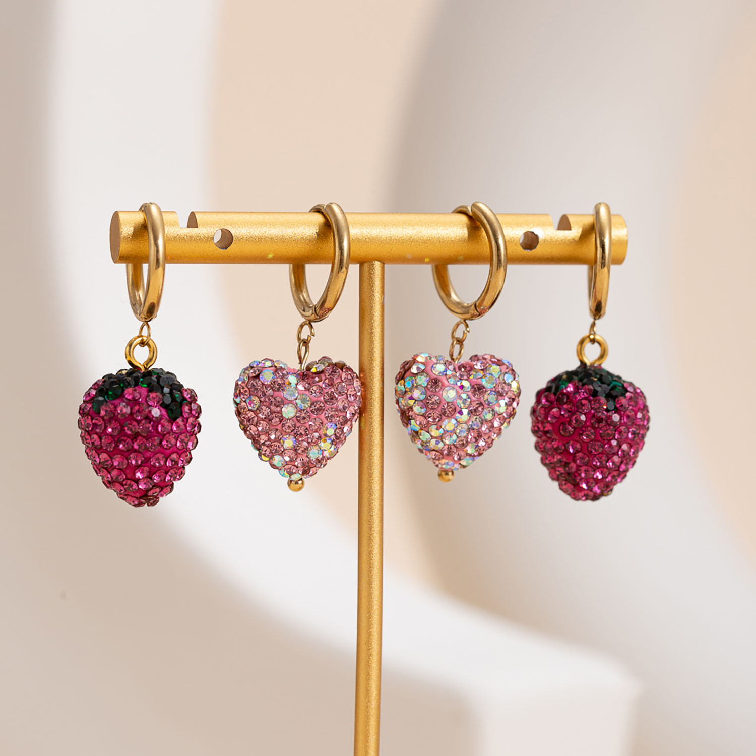 14g Weight Titanium Steel Ear Needle Material 1 Pair Modern Style Classic Style Heart Shape Strawberry Titanium Steel Rhinestones Drop Earrings