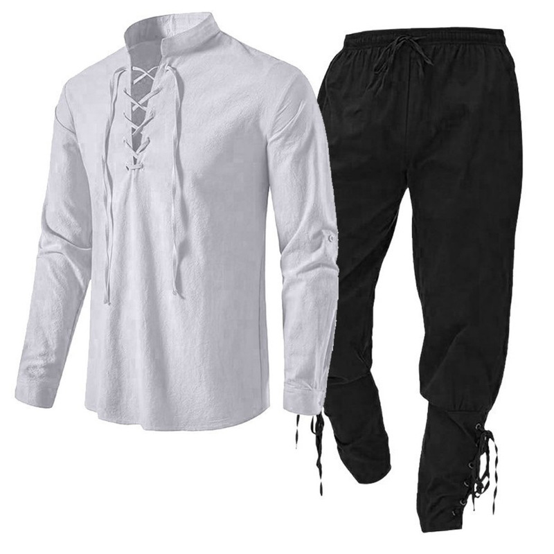 2026 Men's New Long-Sleeve European Size Cotton-Linen Henley Shirt Casual Versatile Beach Solid Color Two-Piece Set in Stock