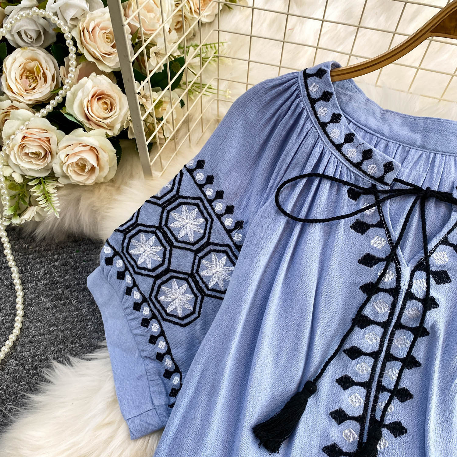 Women's Bohemian Style Sweet Embroidered Tie Neck Round Neck Mid Sleeve T-Shirt Summer Loose Fit Slimming Ethnic Retro Top_ecoleips.com