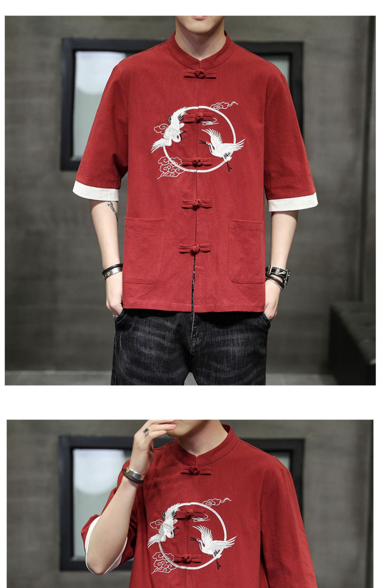 2024 Summer Chinese cotton linen short sleeved men's Tang embroidery Han style loose China-Chic shirt men_autovado.com