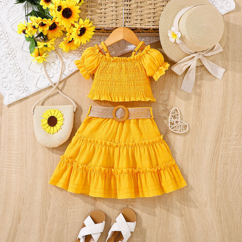 [2026 Summer New Style] Foreign Trade Cross-Border Girls Off-Shoulder Puff Sleeve Top + Cake Skirt Two-Piece Suit