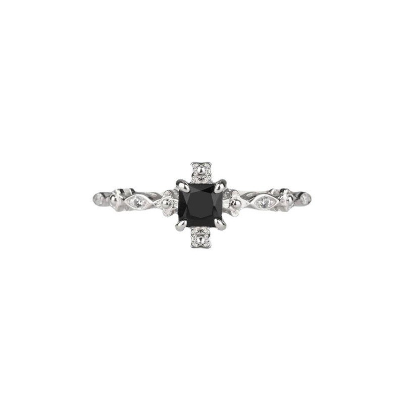 Korean Retro Fashion Simple Copper Platinum-Plated Black Square Zircon Ring Women's Versatile Personalized Ring