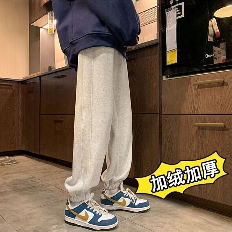 男士秋冬新款潮流加绒束脚卫裤休闲宽松运动裤保暖抽绳美式|undefined