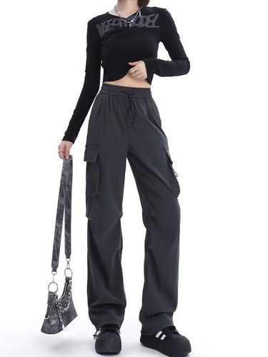 Fall/Winter Cargo Pants, High-Waisted Black, Loose-Fit for Petite Frames—American-Style Sporty & Jazz Dance-Inspired Wide-Leg Casual Trousers for Men and Women