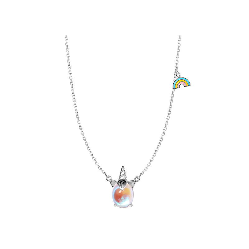 Versilberte Halskette mit Regenbogen-Einhorn und Mondstein, Schlüsselbeinkette, süßer kurzer Anhänger_voghion.com