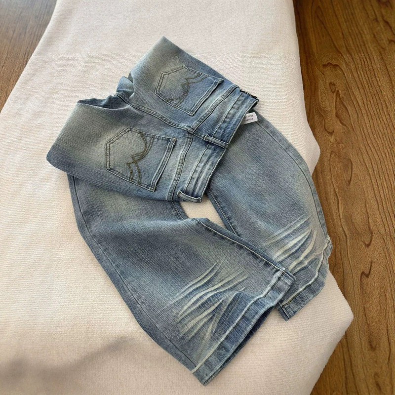 Light Blue Washed Embroidered Micro-Flare Jeans for Women, New Summer Style, Low-Waist Stretch Narrow Flare Pants