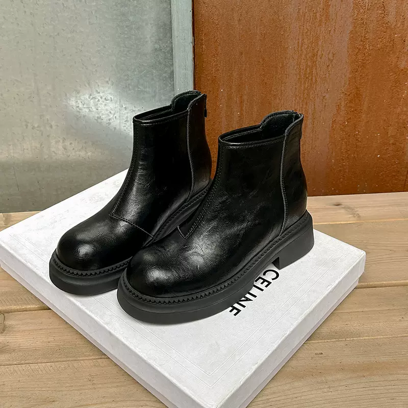 加工定制短靴女牛皮内增秋冬新款保暖加厚绒棉鞋厚底百搭马丁靴