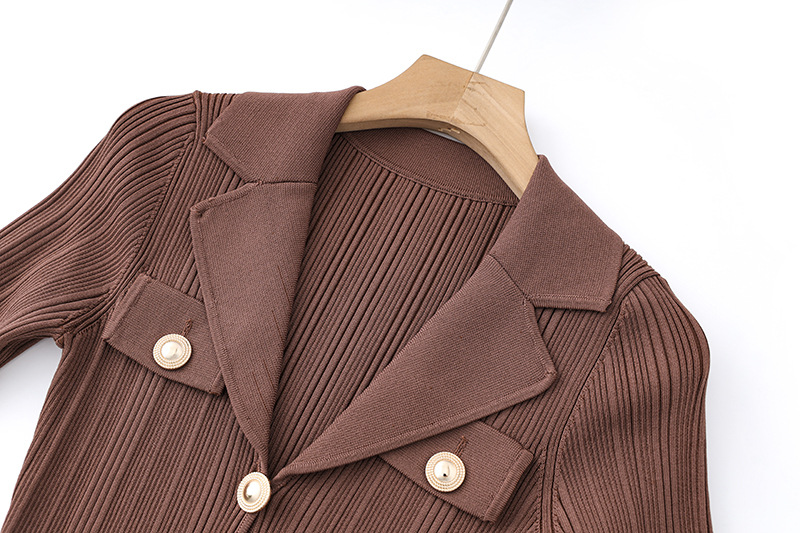 Women's Long Sleeve Blazer Collar Midi Dress Metal Buttons Rib Knit Bodycon Elegant Office Evening Wear Slip Dress_ecoleips.com