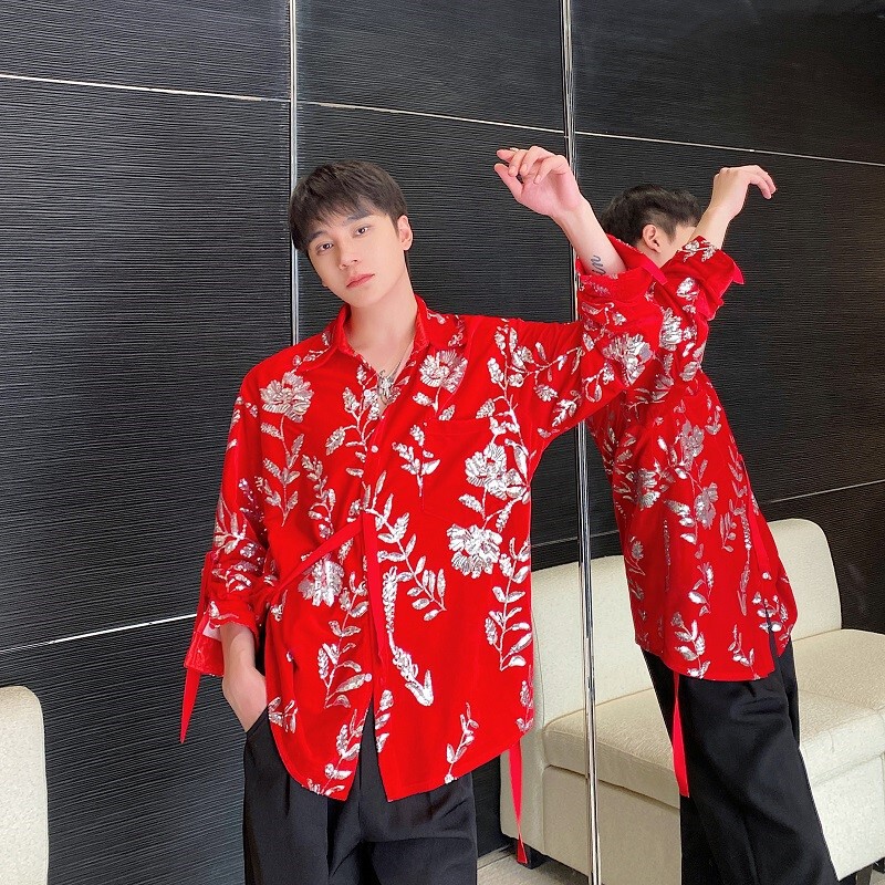 Fried street flash silver sequined embroidered flower gold velvet shirt men's lace-up sequined glossy shirt stage red carpet