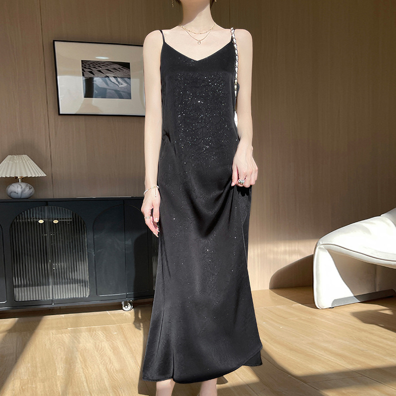 Acetate Satin Suspender Dress Women's V Neck Long Skirt New Slim Long Skirt Silk Over-The-Knee Dress