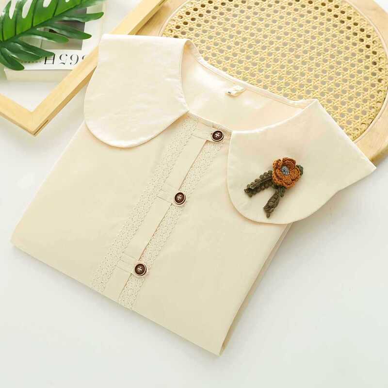 New Chinese Style Pure Cotton Long-Sleeved Shirt for Women Original Design Literary Flower Doll Collar Layered Inner Layering Shirt Top