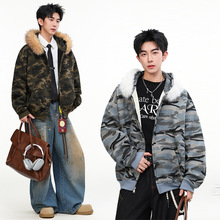 简恒美式复古迷彩风兔毛领夹克男女秋冬加绒加厚保暖卫衣连帽外套