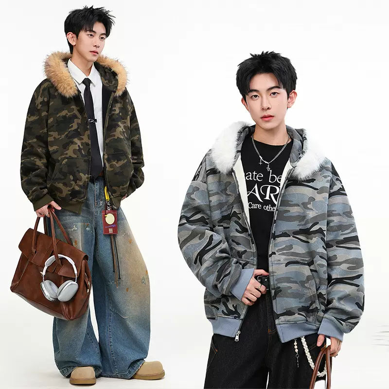简恒美式复古迷彩风兔毛领夹克男女秋冬加绒加厚保暖卫衣连帽外套