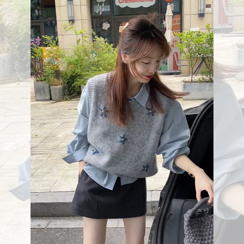 法式灰色提花针织无袖坎肩马甲女早秋季叠穿短款毛衣背心上衣外搭|undefined