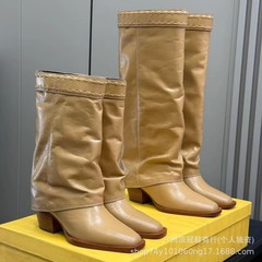 高端品质2025秋冬真皮圆头复古木纹出跟高跟显瘦高筒骑士靴裤管靴