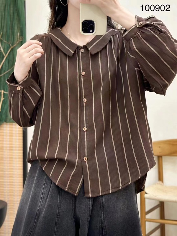 古咖服饰复古竖条纹衬衫女娃娃领单排扣长袖宽松衬衣文艺休闲上衣|undefined