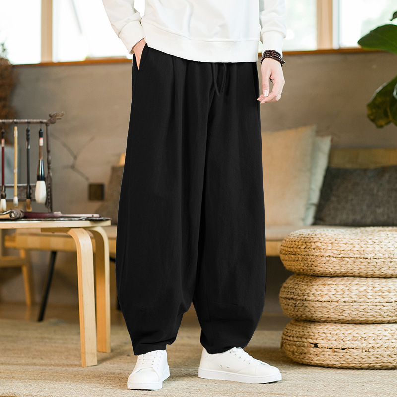 Autumn and Winter new men's retro trendy ankle-tied harem pants Chinese style linen Ruyi pants cotton and linen straight bloomers