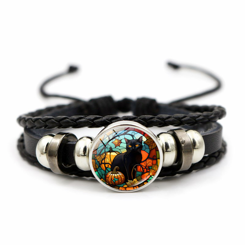 Pulseira de couro em torno do castelo de Halloween, corda de mão com contas de tecelagem masculina, festival fantasma, joias de cabeça de caveira_voghion.com