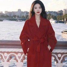 红色双面羊绒大衣2023秋冬新款韩版气质西西里中长款羊毛呢外套女