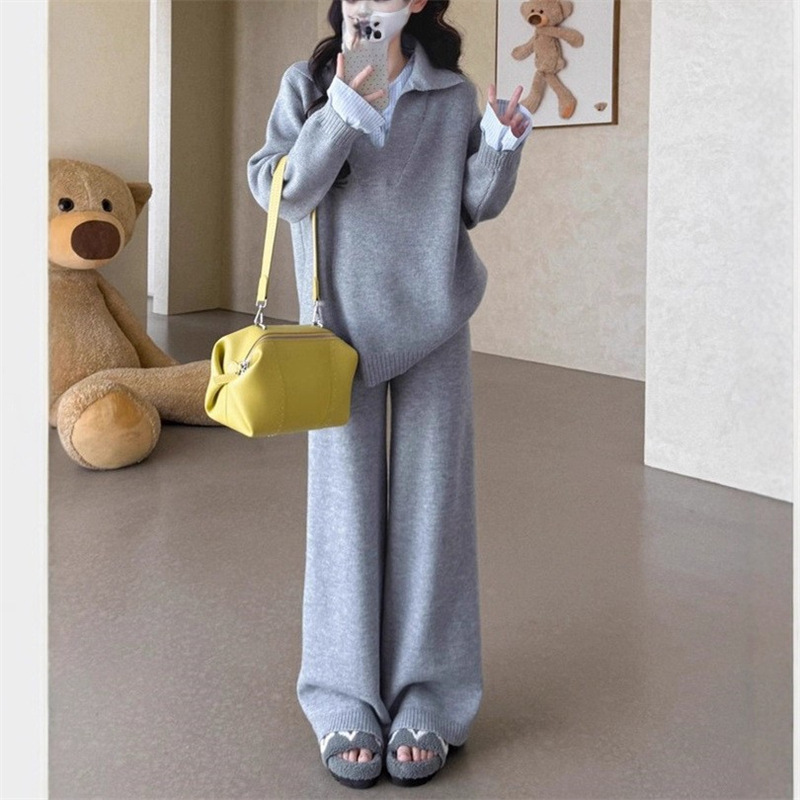 时尚慵懒风针织套装女秋冬季新款衬衫拼接假两件毛衣阔腿裤两件套|undefined