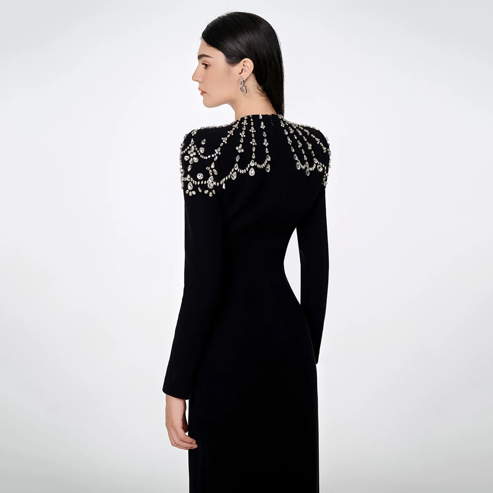 Elegant Rhinestone Embellished Bandage Dress Square Neck Long Sleeved Women's Evening Gown for Parties And Banquets European American Style_ecoleips.com