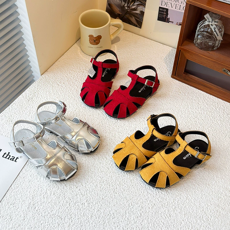 Детские плетеные римские сандалии с открытым носком, лето 2025, новый корейский стиль, девичьи туфли-принцессы с вырезами, мягкая подошва, пляжная обувь