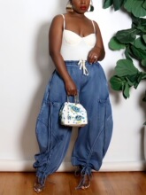 B 43798 Elastic Waist Drawstring Bow Cuff Jeans ����������ţ