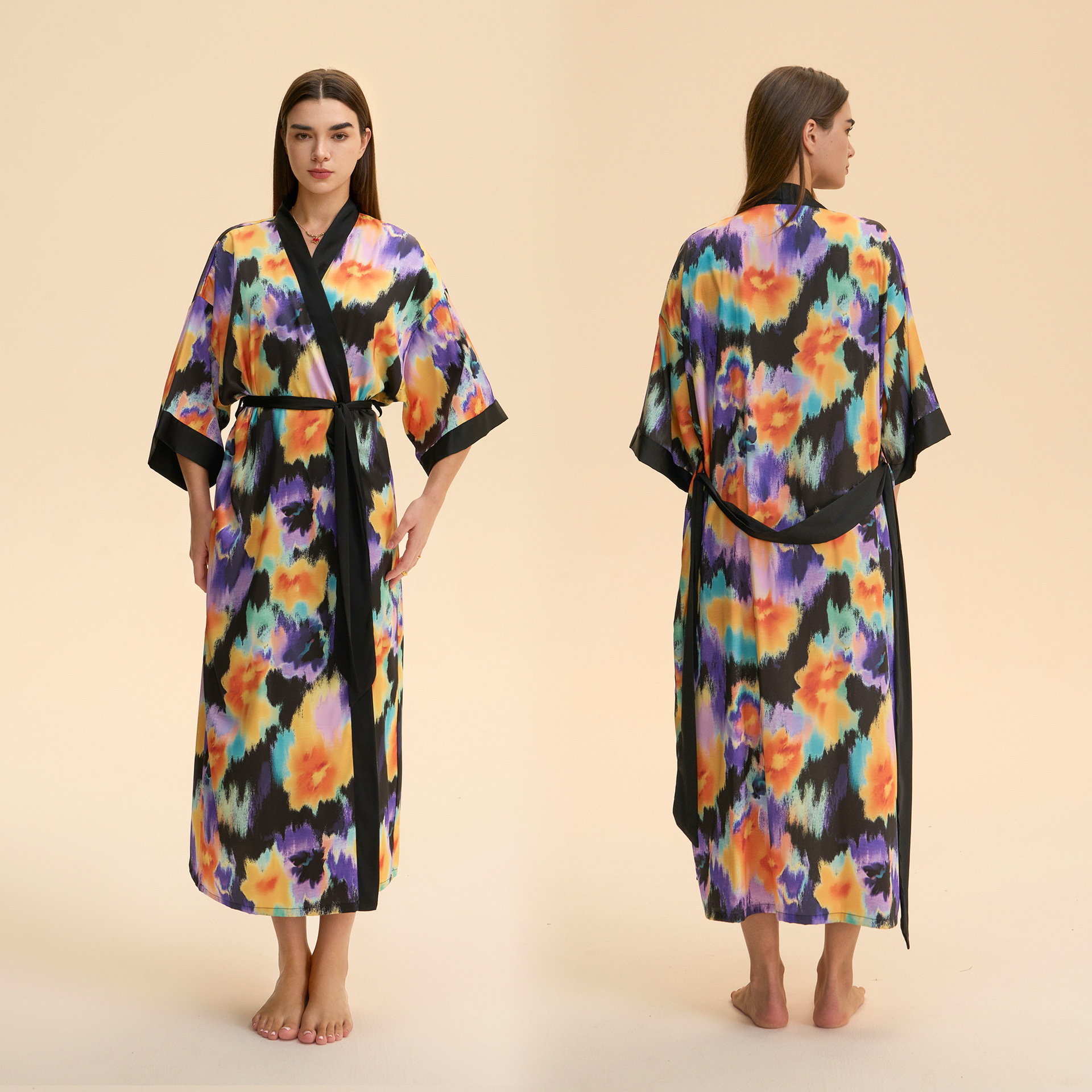 Europa y América pijamas damas primavera y otoño satén chiffon bata de baño impresión desordenada bata de dormir cómoda ropa larga para el hogar WP3976