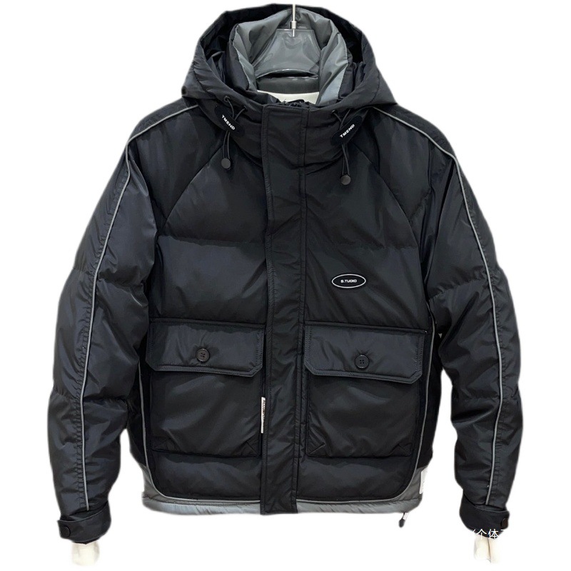 남성 겨울 후드 다운 재킷, 두꺼운 짧은 세탁 가능 다운 재킷, 청소년 인기 솔리드 컬러 캐주얼 아우터웨어