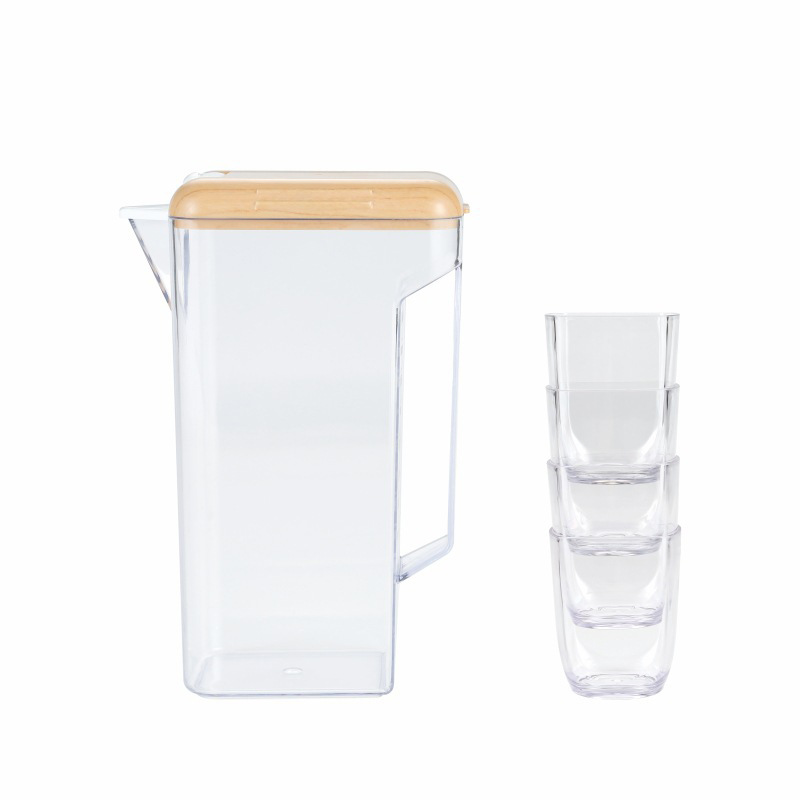 Una olla cuatro tazas botella de agua fría de plástico traje de moda grano de madera hogar botella de agua fría imprimible LOGO regalo