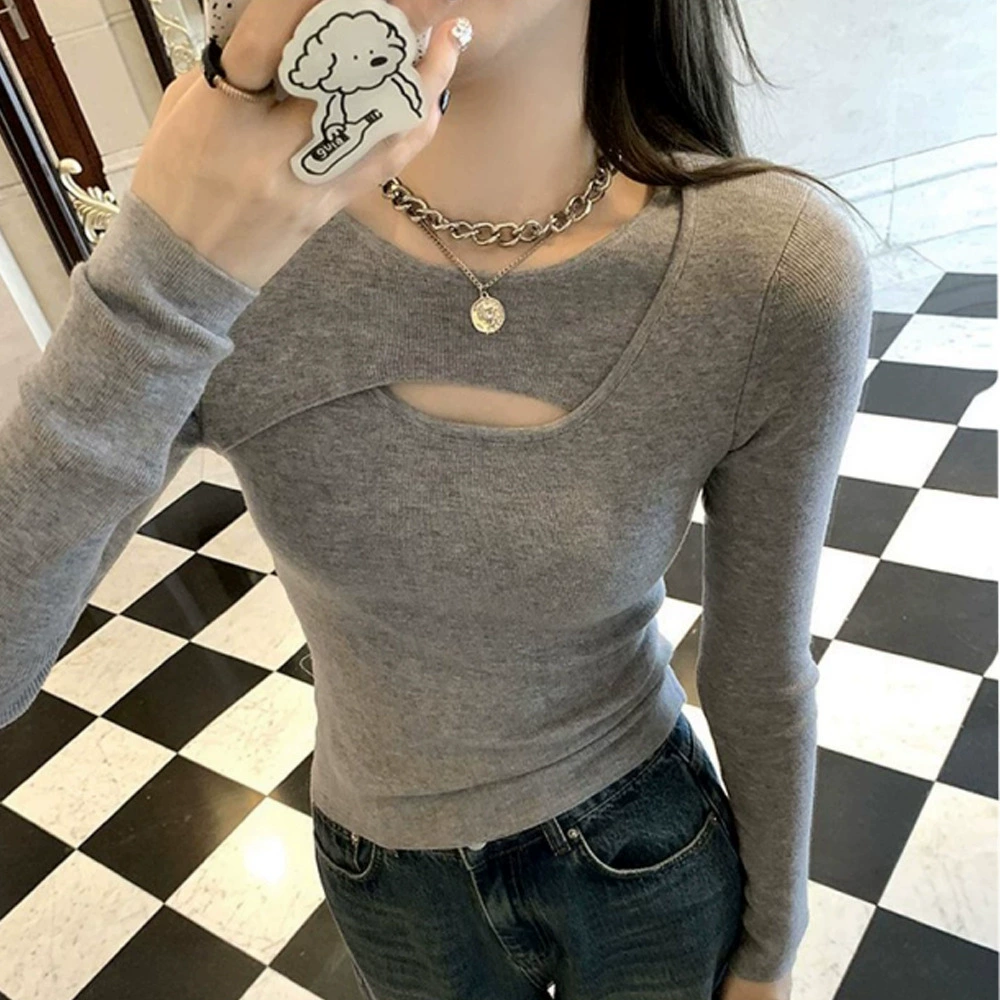 Весенняя новая стильная женская рубашка с внутренним слоем, верхняя одежда большого размера с длинными рукавами, утягивающая футболка с круглым вырезом для женщин