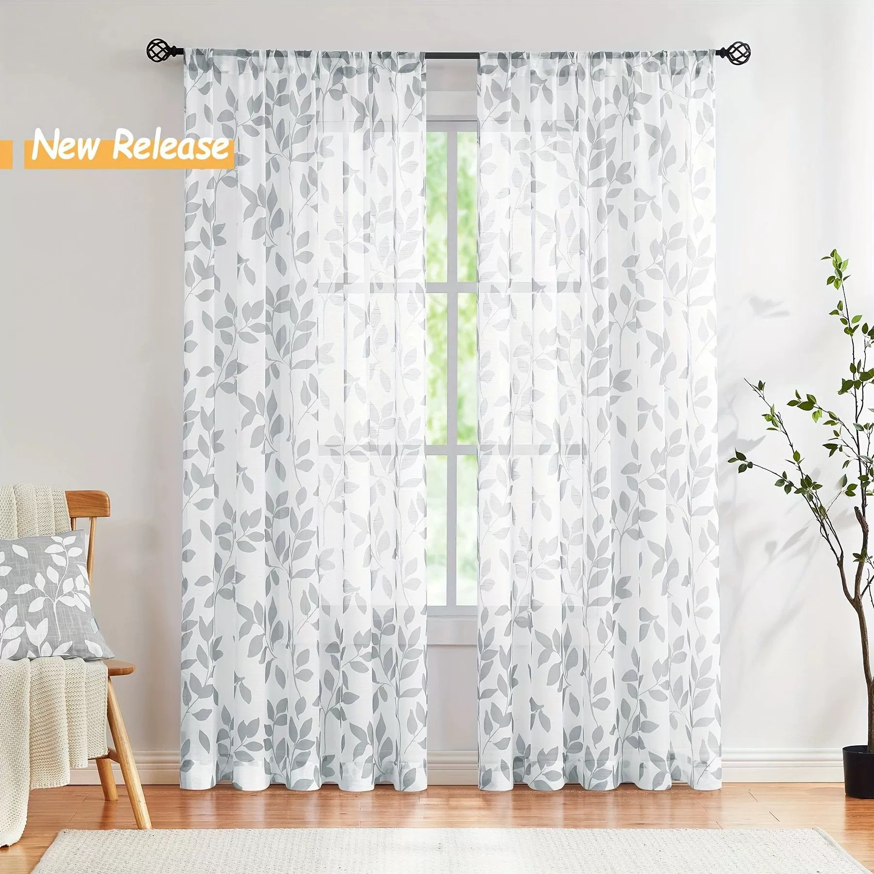 Cross-border Amazon sheer leaf print sheer curtain for living room bedroom balcony courtyard fresh pastoral wholesale
