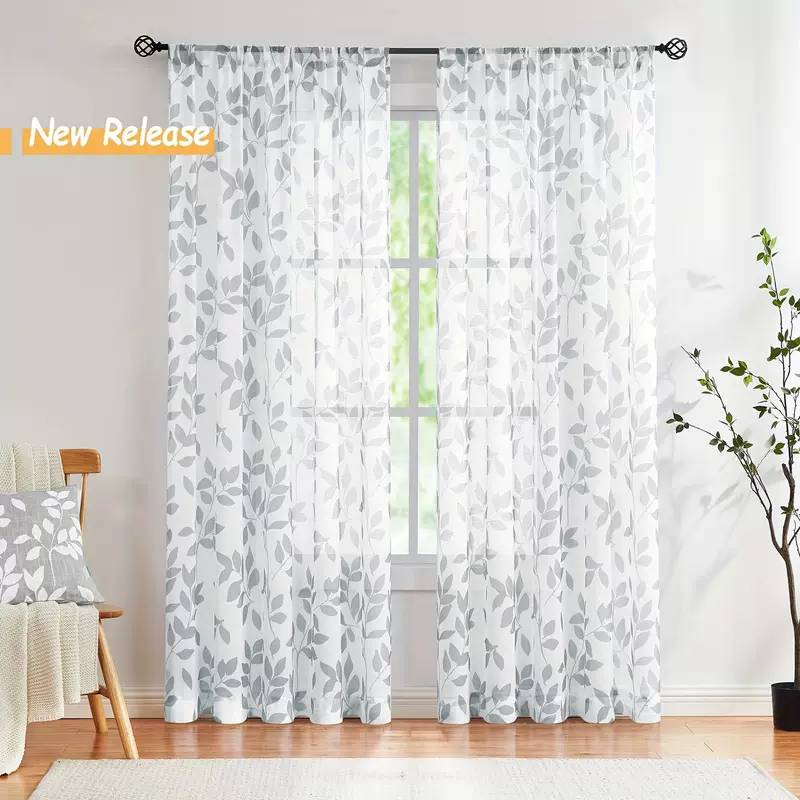 Cross-border Amazon sheer leaf print sheer curtain for living room bedroom balcony courtyard fresh pastoral wholesale