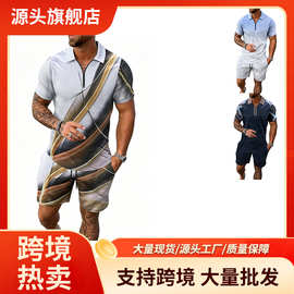跨境欧美亚马逊花色男士夏季潮流沙滩风半拉链翻领短袖短裤套装