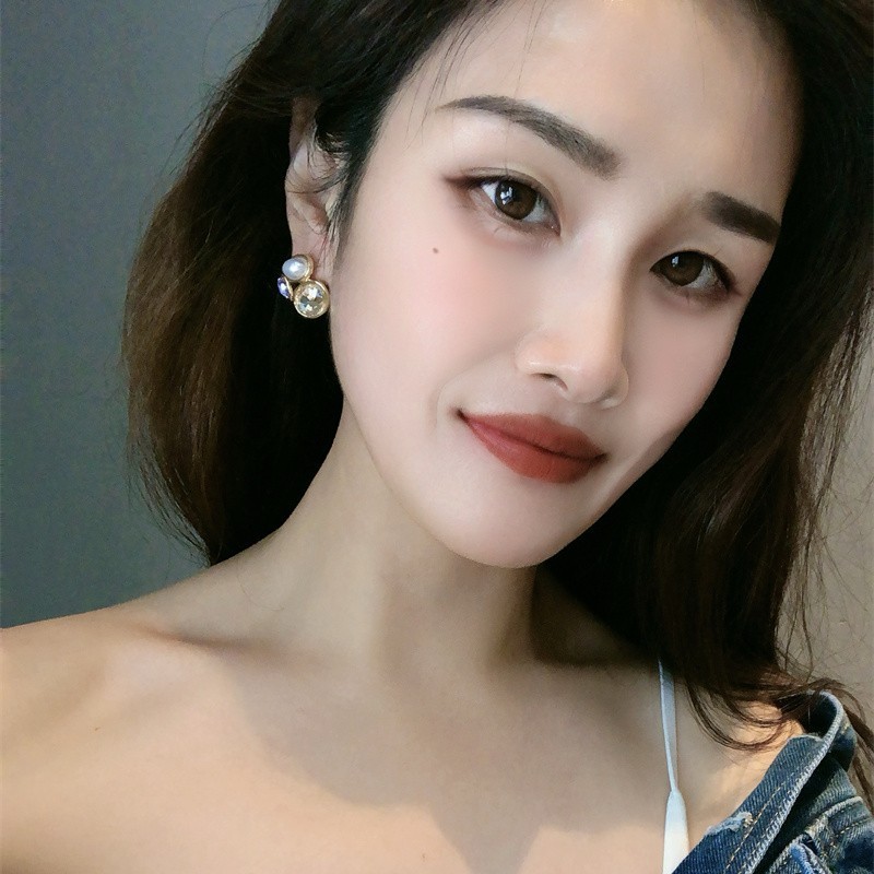 银针简约高级感撞色椭圆水晶耳钉时尚几何珍珠轻奢百搭耳环耳饰品|undefined