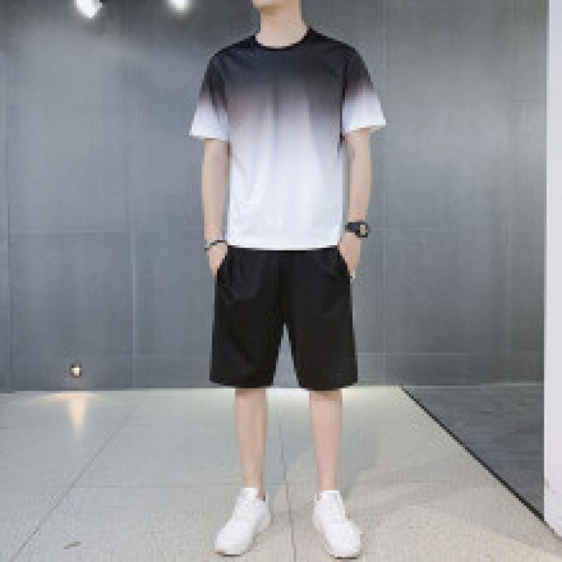 Fábrica directa de verano de dos piezas juvenil pantalones cortos de moda deportivos ociosos con cuello redondo gradiente camiseta de manga corta