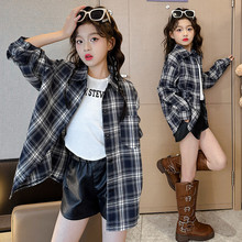 女童格子衬衫春秋款2025新款春秋季大童时尚棉质宽松外套儿童衬衣