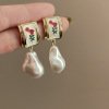 Silver needle, ethnic small design earrings from pearl, flowered, ethnic style, trend of season