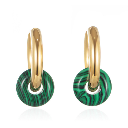 Circle malachite green natural stone titanium steel earrings plated with 14k real gold black stone ear buckle women's fashion simple earrings wholesale